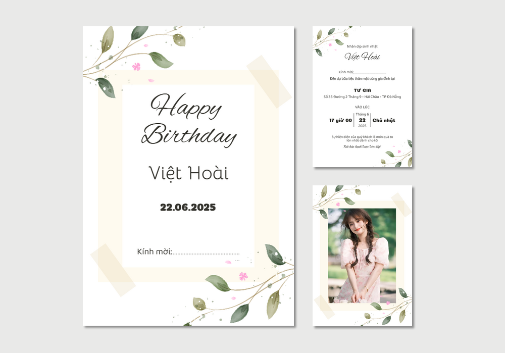 Mẫu thiệp sinh nhật Hoa Lá, Hiện Đại, Màu Nước 384 | Thiệp mời online | InvitePro by Biihappy